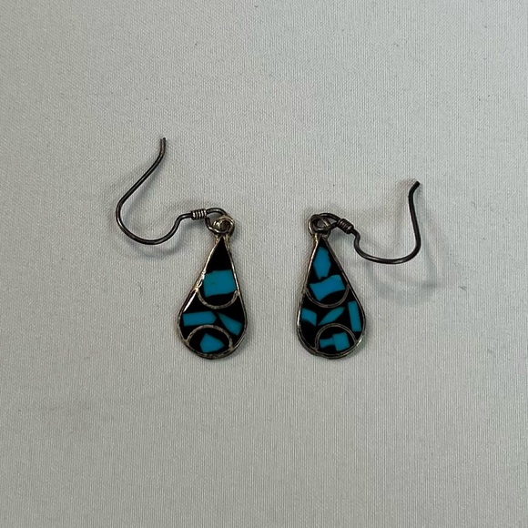 Vintage TAXCO Mexico Turquoise Black Onyx Sterling Silver Earrings - Picture 4 of 6